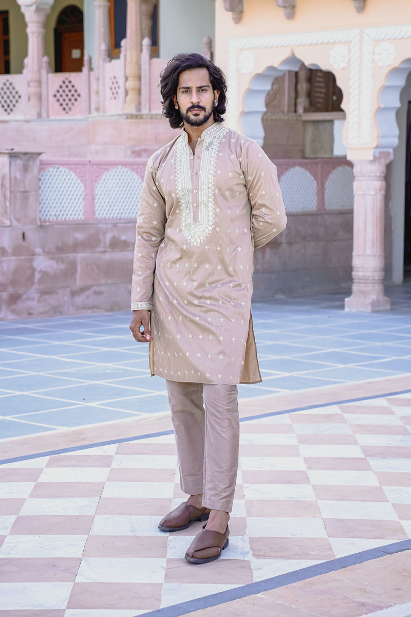 CUBAN SAND KURTA SET WITH INTRICATE SEQUINS EMBROIDERY AROUND PLACKET