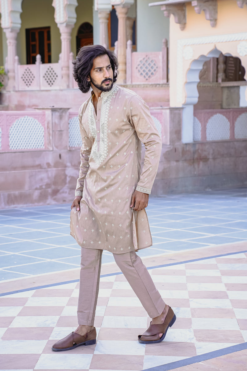 CUBAN SAND KURTA SET WITH INTRICATE SEQUINS EMBROIDERY AROUND PLACKET