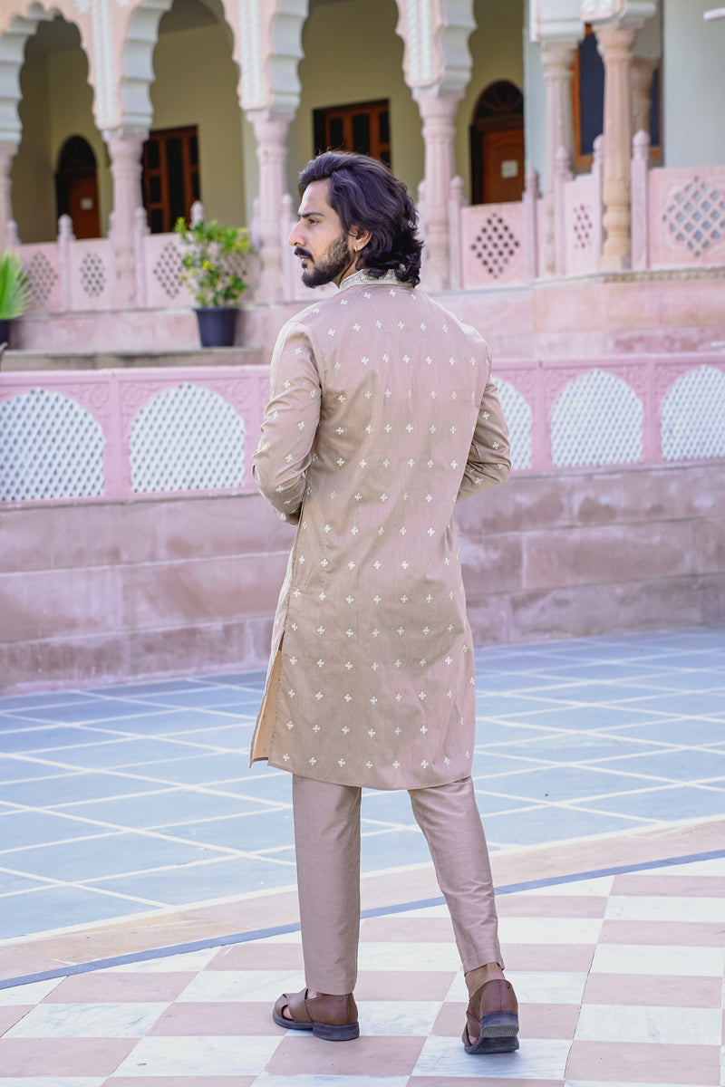 CUBAN SAND KURTA SET WITH INTRICATE SEQUINS EMBROIDERY AROUND PLACKET