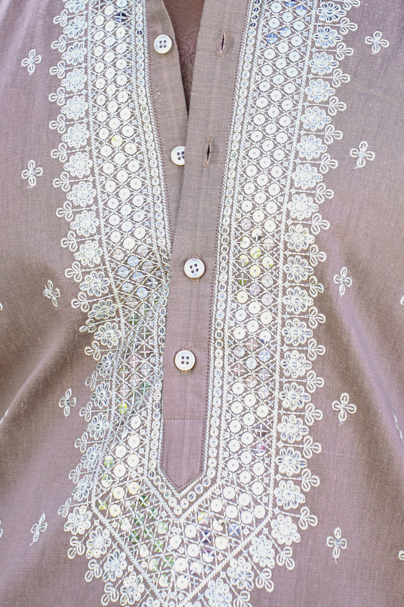 CUBAN SAND KURTA SET WITH INTRICATE SEQUINS EMBROIDERY AROUND PLACKET