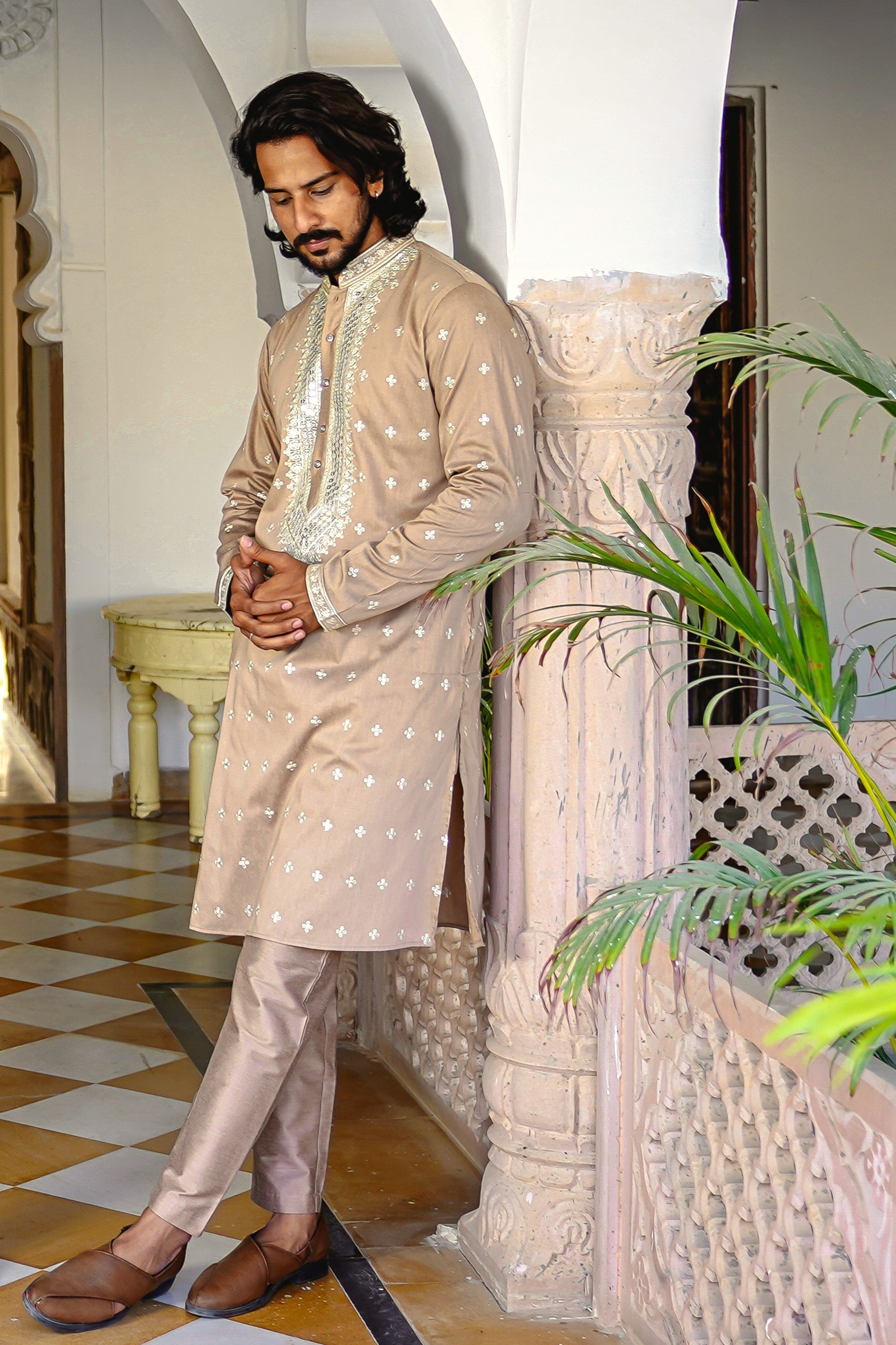 CUBAN SAND KURTA SET WITH INTRICATE SEQUINS NECK EMBROIDERY AROUND PLACKET