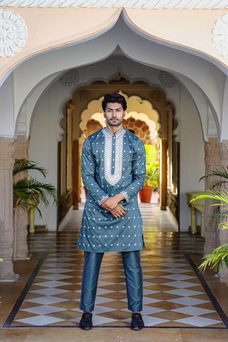 SEA MOSS GREEN KURTA SET WITH INTRICATE SEQUINS EMBROIDERY AROUND PLACKET