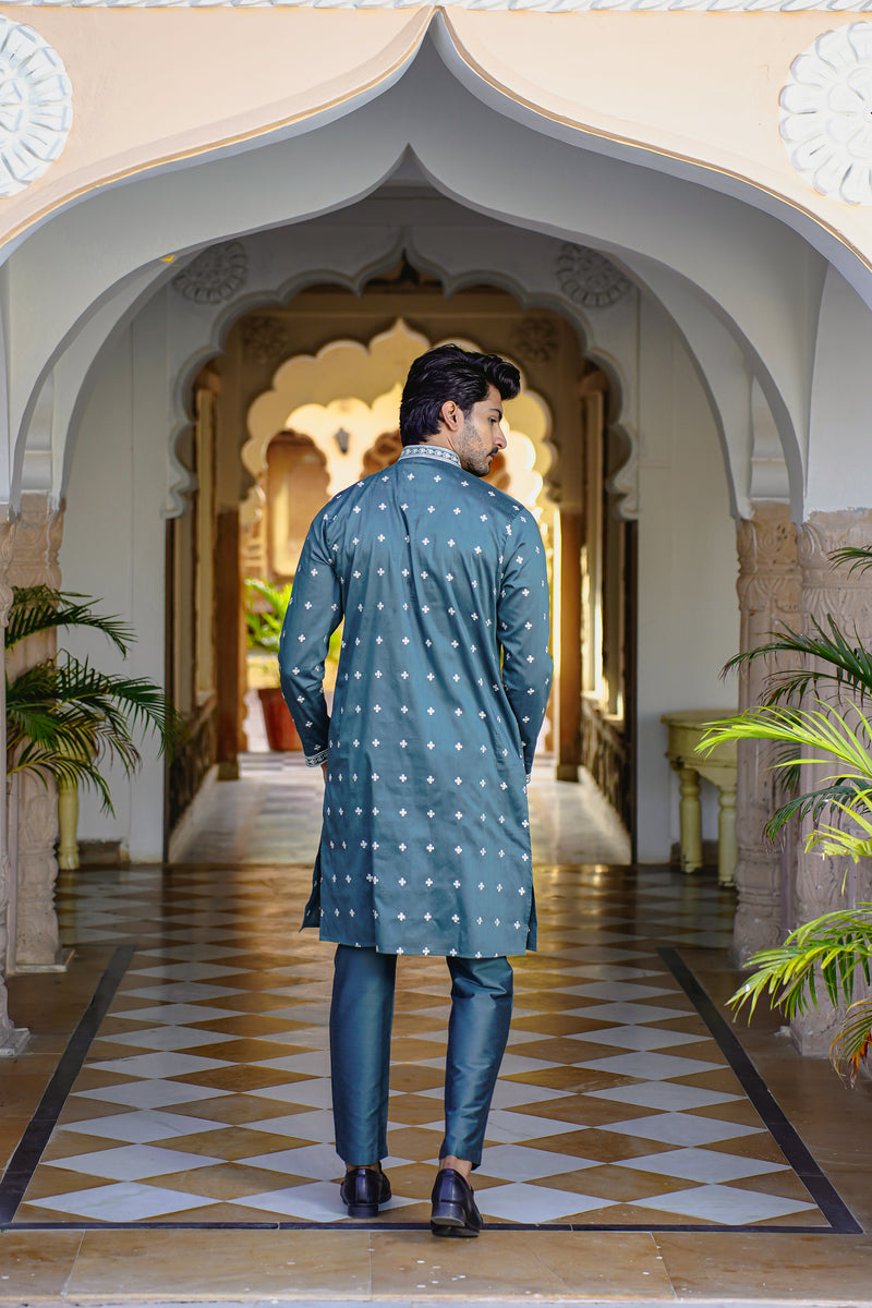 SEA MOSS GREEN KURTA SET WITH INTRICATE SEQUINS EMBROIDERY AROUND PLACKET