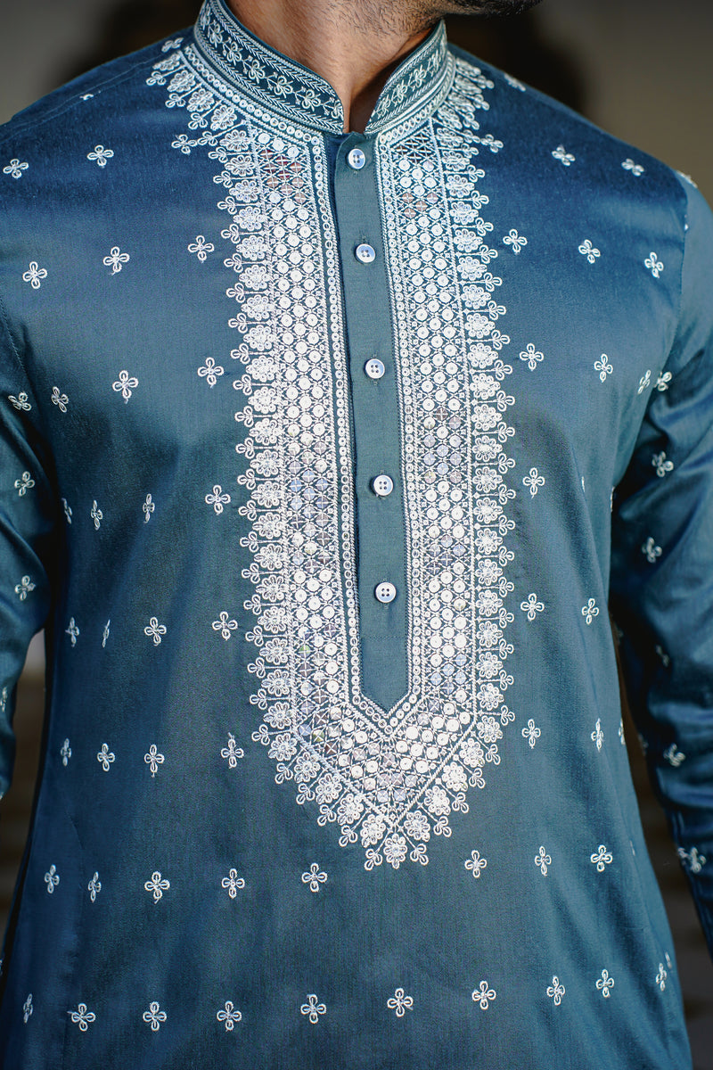 SEA MOSS GREEN KURTA SET WITH INTRICATE SEQUINS EMBROIDERY AROUND PLACKET