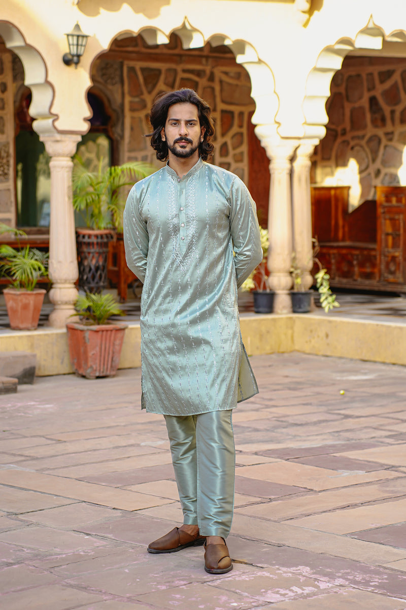 SUBTLE GREEN KURTA SET WITH TONAL THREAD & SEQUIN EMBROIDERY