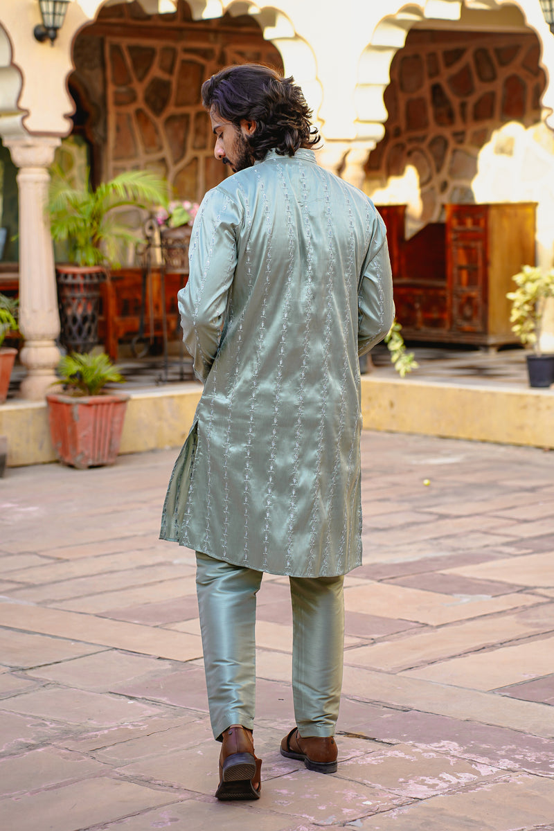 SUBTLE GREEN KURTA SET WITH TONAL THREAD & SEQUIN EMBROIDERY