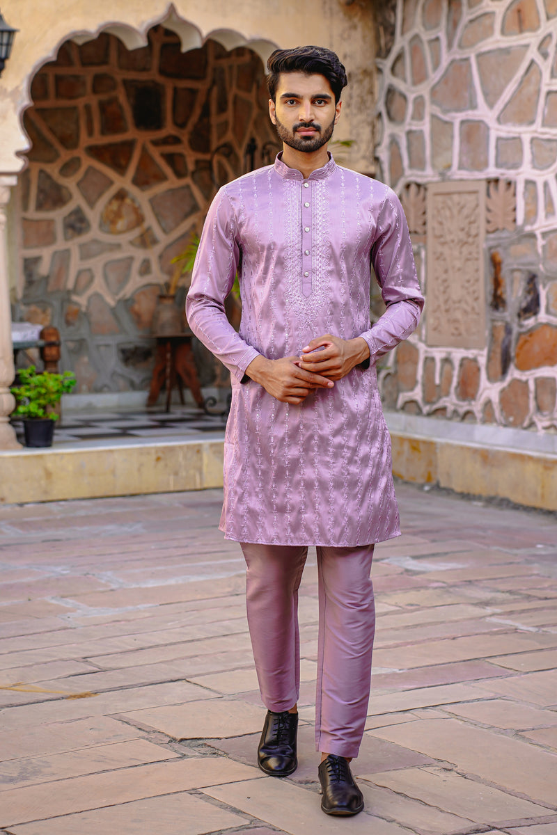 LAVENDER FROST KURTA SET WITH TONAL THREAD & SEQUIN EMBROIDERY