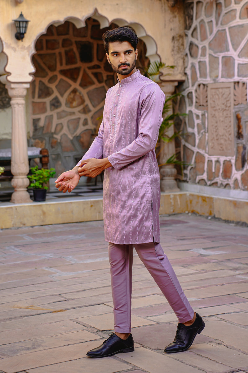 LAVENDER FROST KURTA SET WITH TONAL THREAD & SEQUIN EMBROIDERY