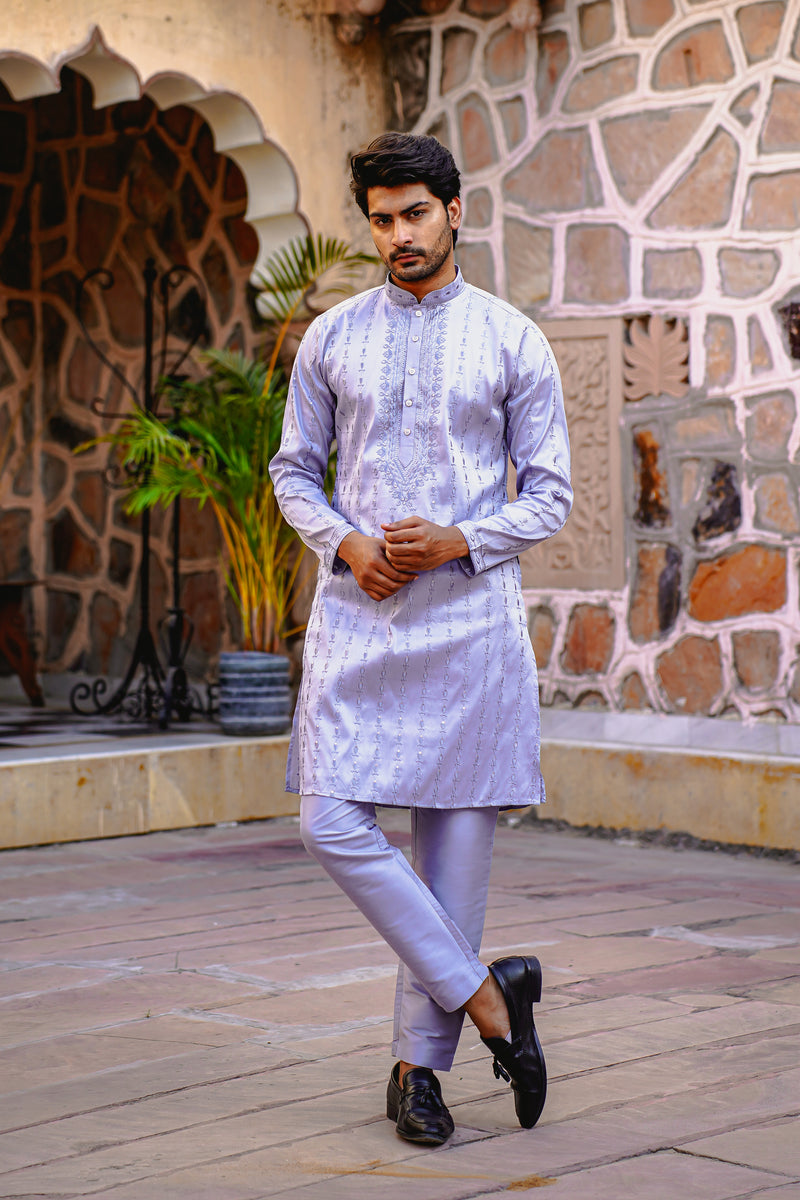 PEARL GREY KURTA SET WITH TONAL THREAD & SEQUIN EMBROIDERY