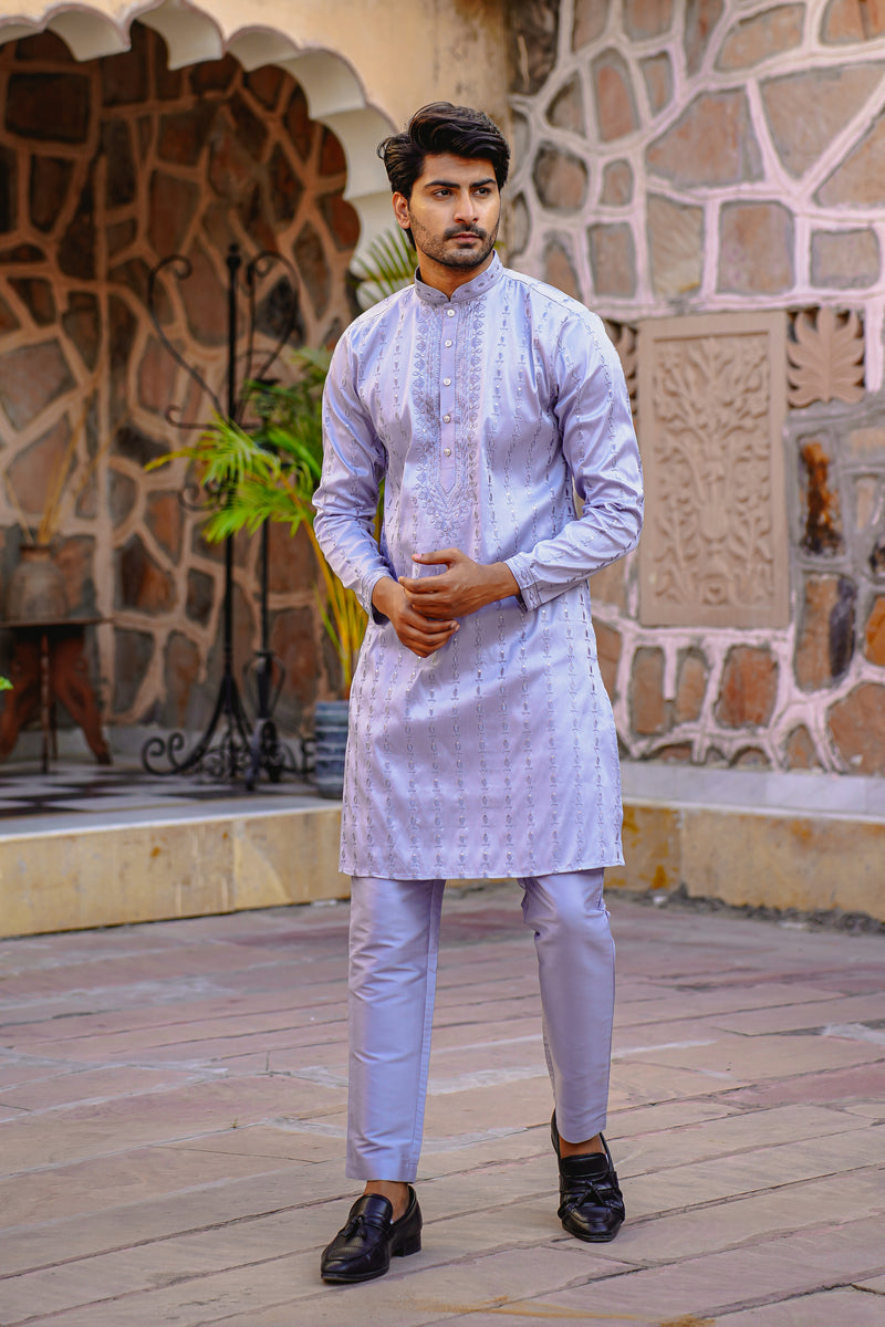 PEARL GREY KURTA SET WITH TONAL THREAD & SEQUIN EMBROIDERY