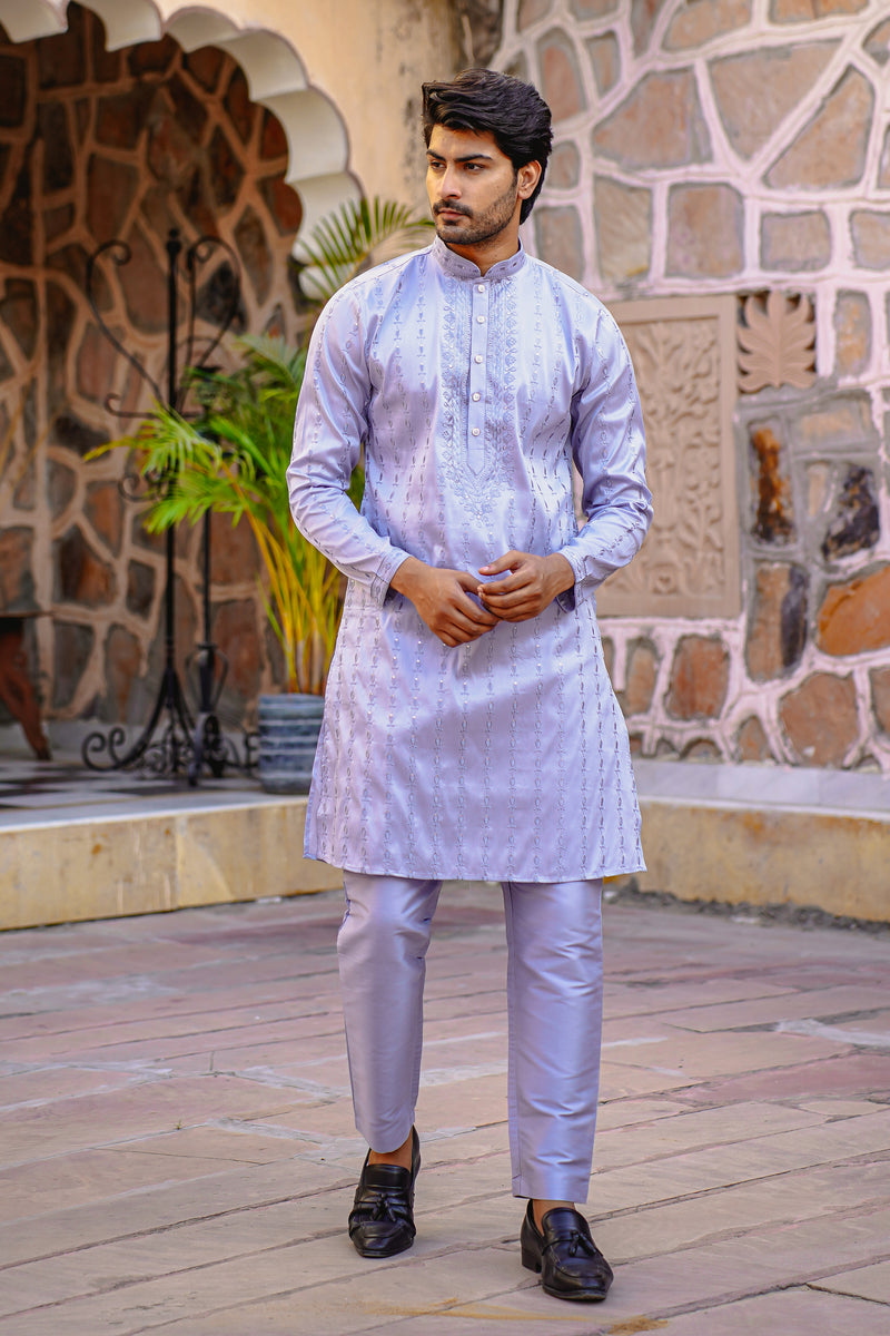PEARL GREY KURTA SET WITH TONAL THREAD & SEQUIN EMBROIDERY