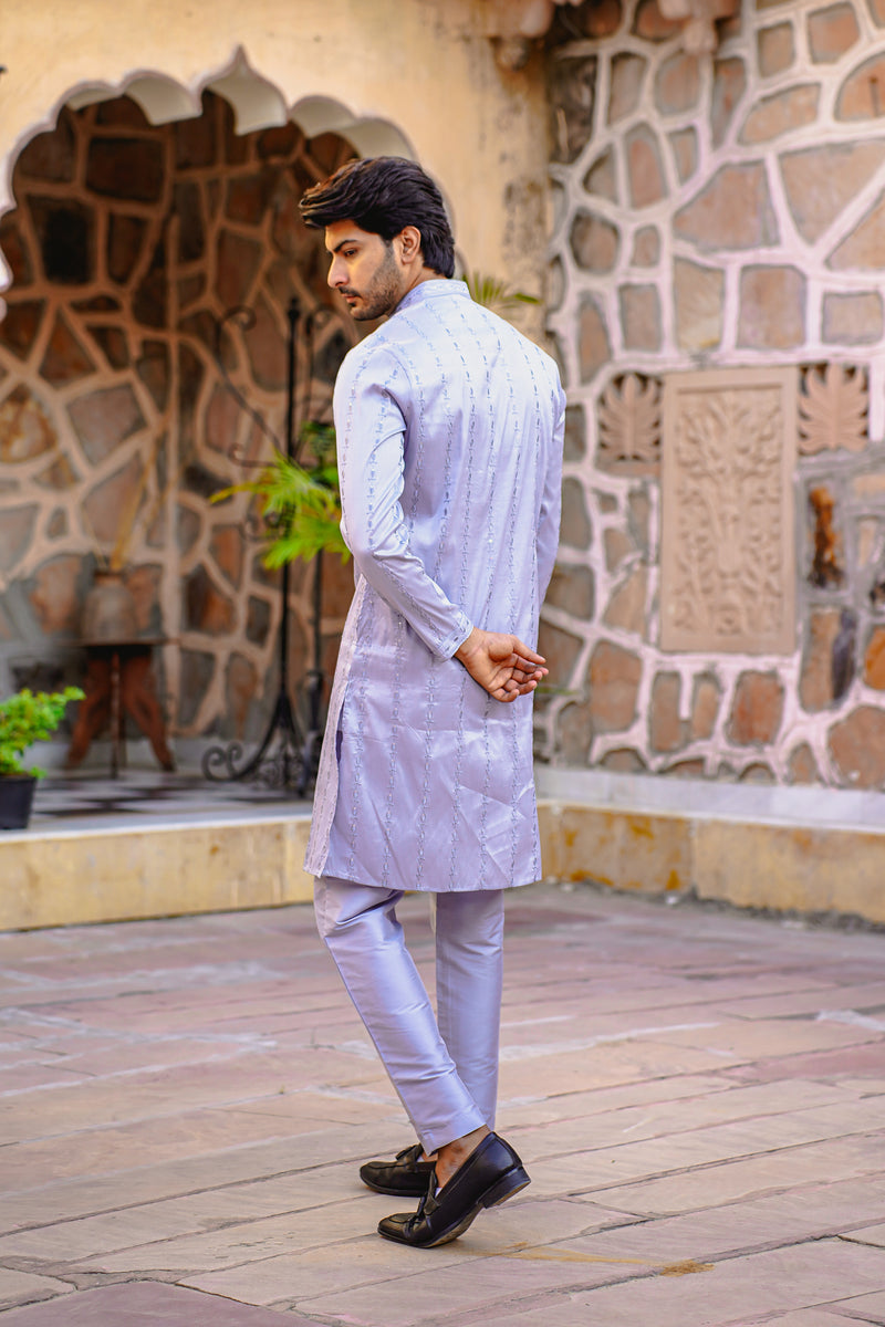 PEARL GREY KURTA SET WITH TONAL THREAD & SEQUIN EMBROIDERY