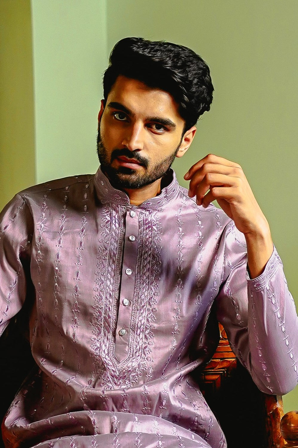 LAVENDER FROST KURTA PYJAMA SET WITH TONAL THREAD & SEQUIN EMBROIDERY