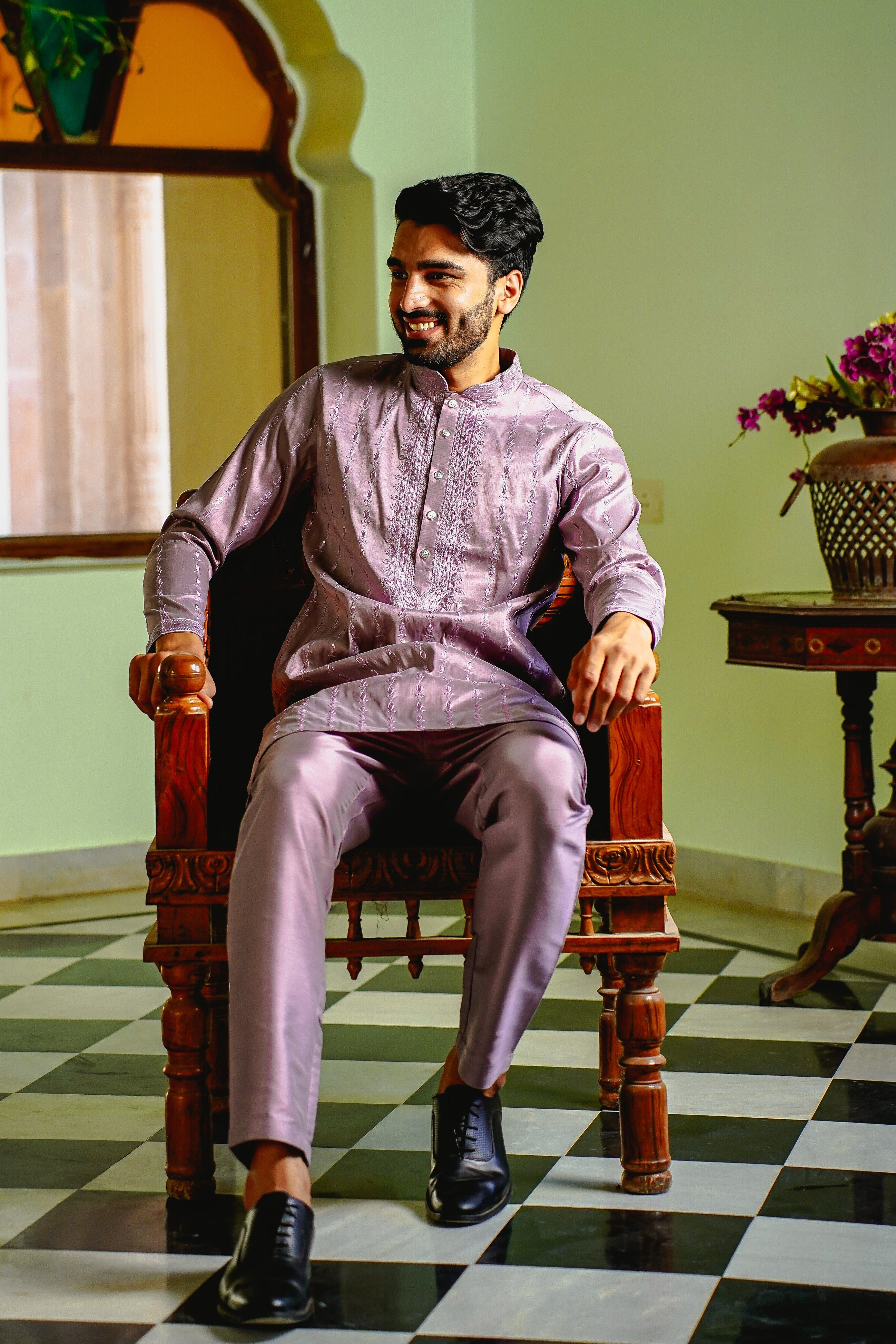 LAVENDER FROST KURTA PYJAMA SET WITH TONAL THREAD & SEQUIN EMBROIDERY
