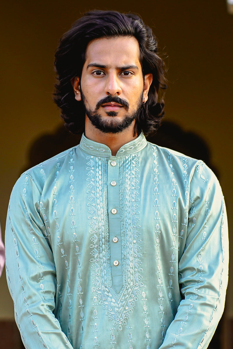 SUBTLE GREEN KURTA SET WITH TONAL THREAD & SEQUIN EMBROIDERY