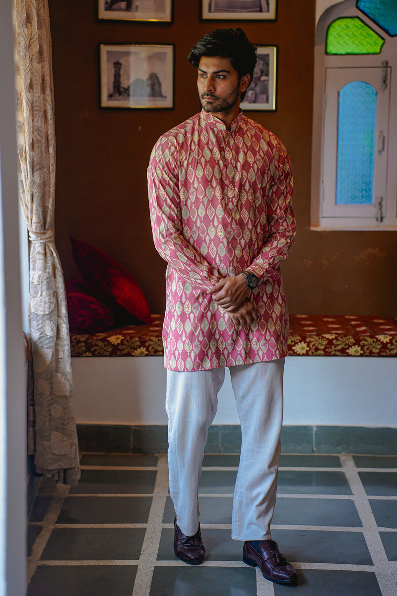 CARROT PINK ETHNIC LEAF PRINT MID-LENGTH KURTA WITH CUFF