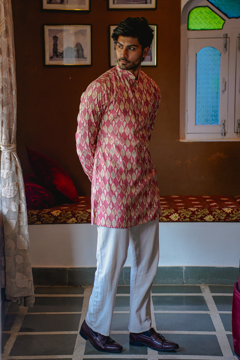 CARROT PINK ETHNIC LEAF PRINT MID-LENGTH KURTA WITH CUFF