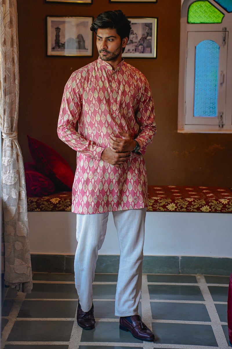 CARROT PINK ETHNIC LEAF PRINT MID-LENGTH KURTA WITH CUFF