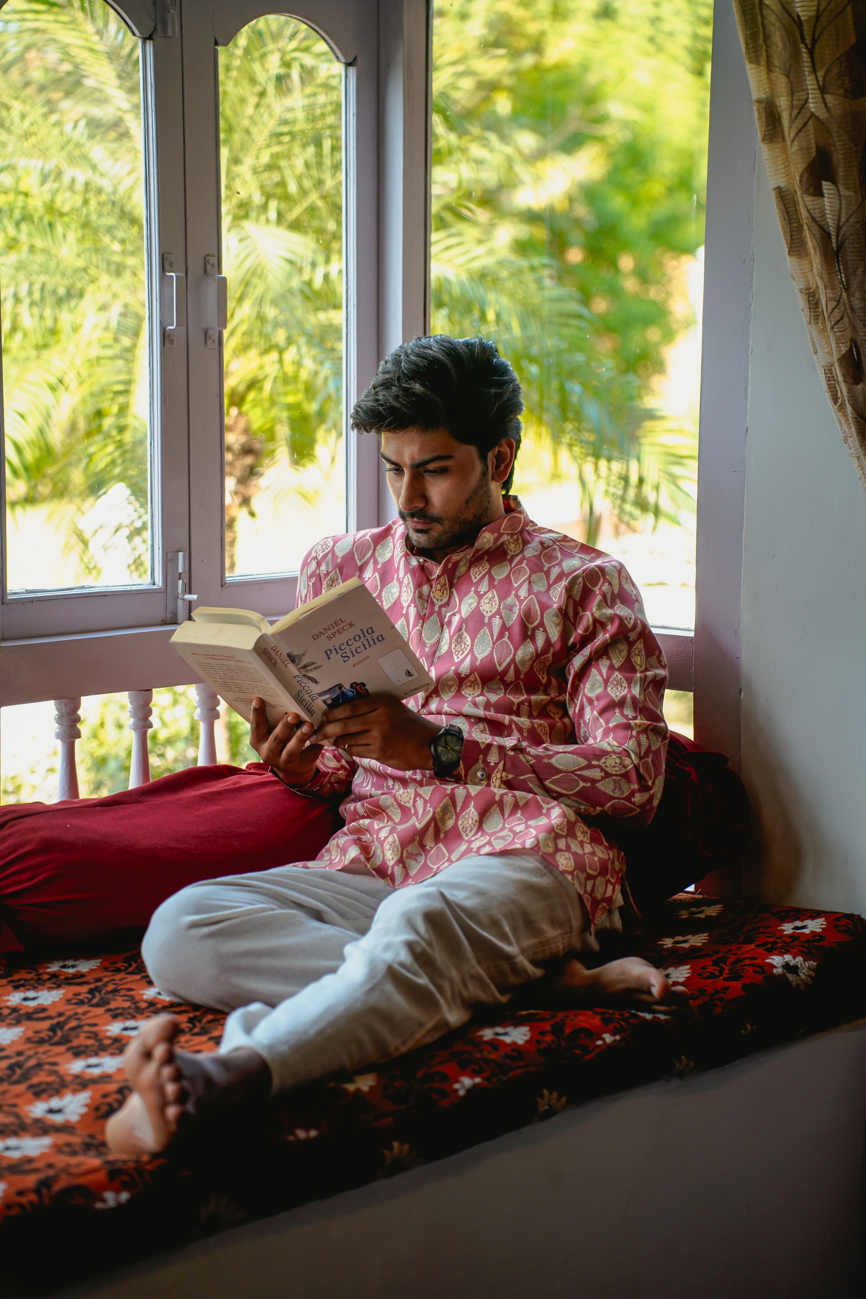CARROT PINK ETHNIC LEAF PRINT MID-LENGTH KURTA PYJAMA SET WITH CUFF FOR MEN