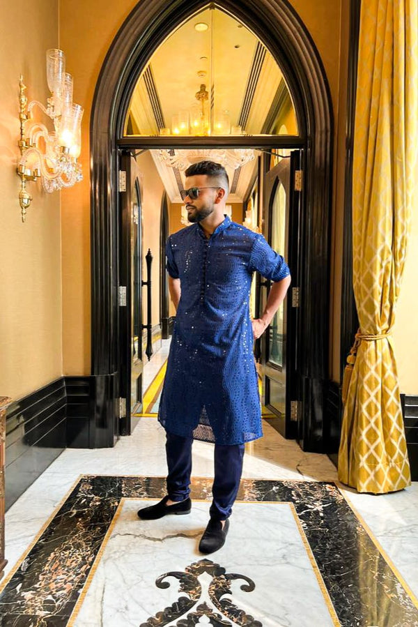 ELECTRIC BLUE GEORGETTE ALL OVER SEQUINS EMBROIDERY KURTA PYJAMA SET