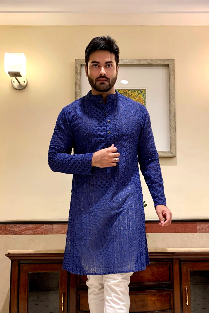 ROYAL BLUE GEORGETTE PAISLEY DESIGN CHIKANKAR KURTA