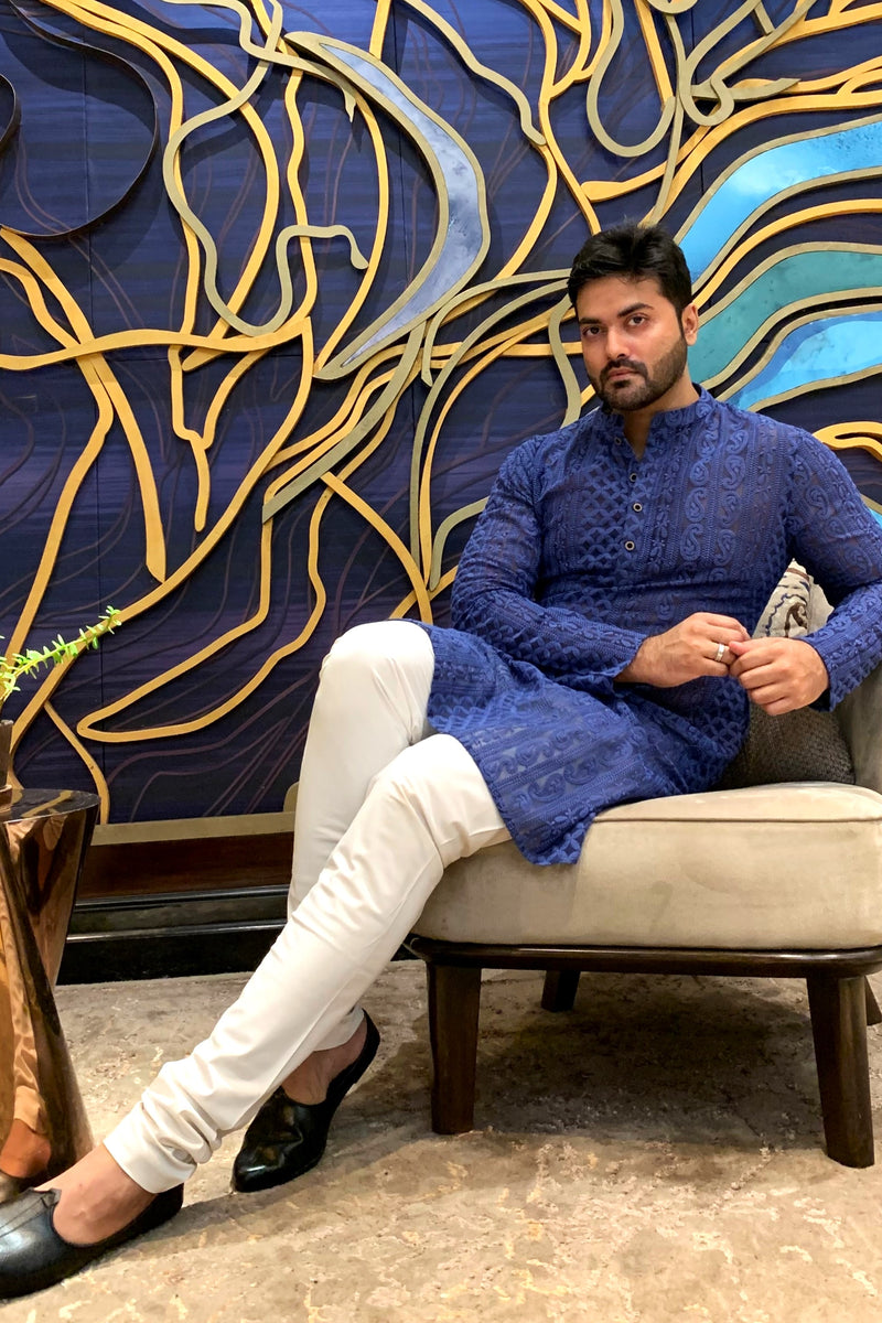 ROYAL BLUE GEORGETTE PAISLEY DESIGN CHIKANKAR KURTA