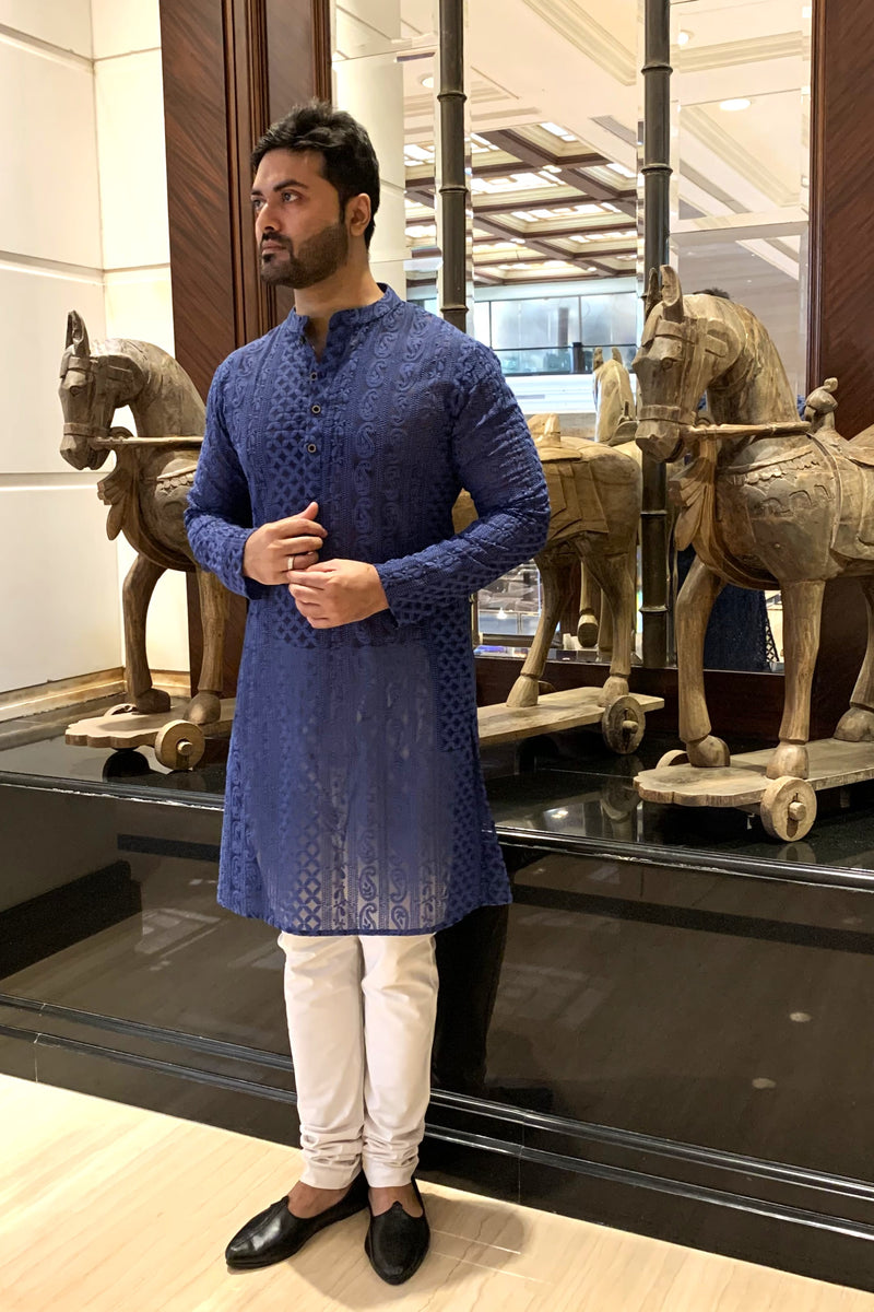 ROYAL BLUE GEORGETTE PAISLEY DESIGN CHIKANKAR KURTA