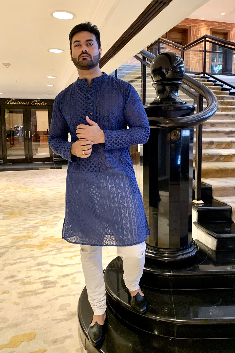 ROYAL BLUE GEORGETTE PAISLEY DESIGN CHIKANKAR KURTA