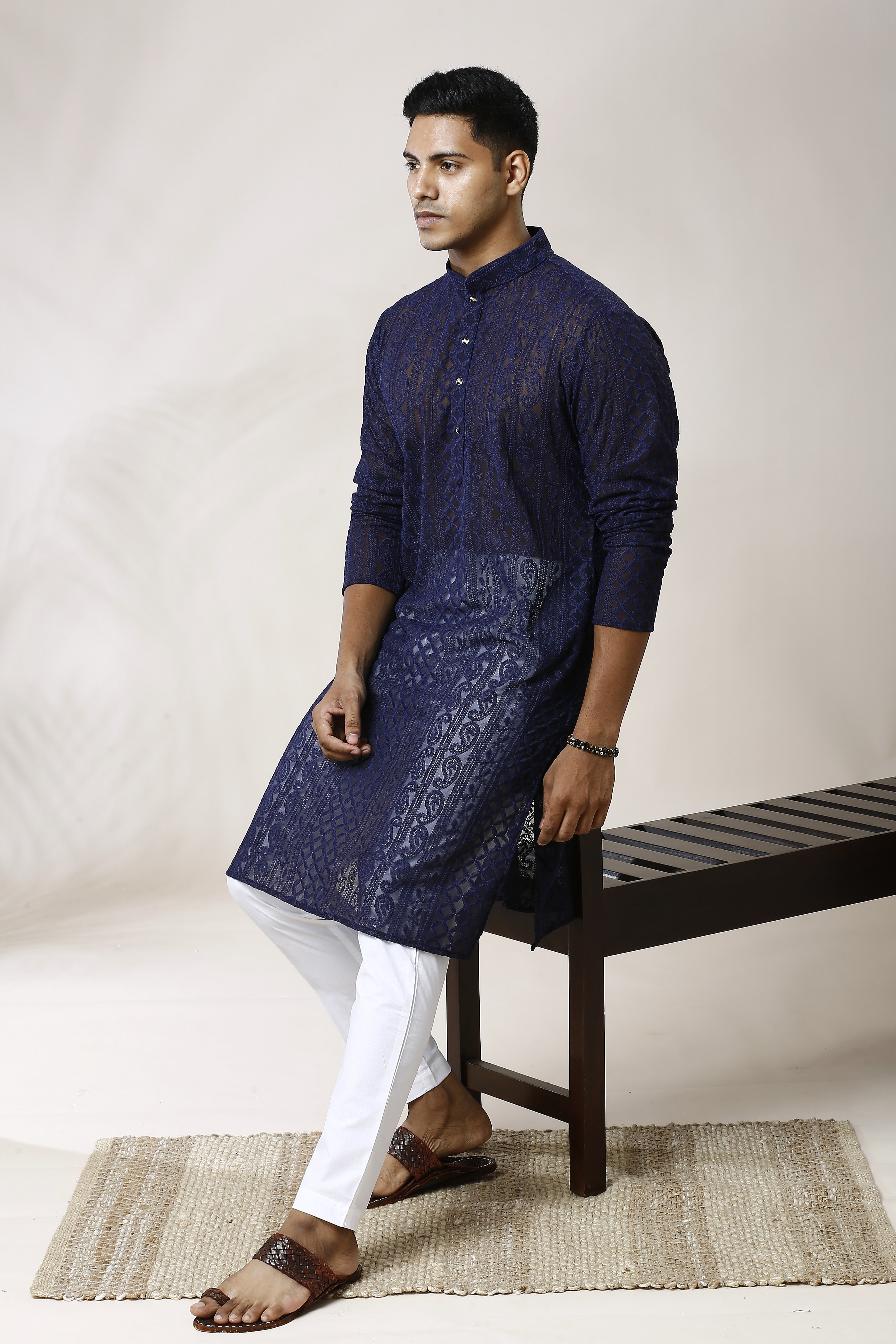 INDIGO BLUE GEORGETTE PAISLEY DESIGN CHIKANKARI REGULAR FIT KURTA PYJAMA SET