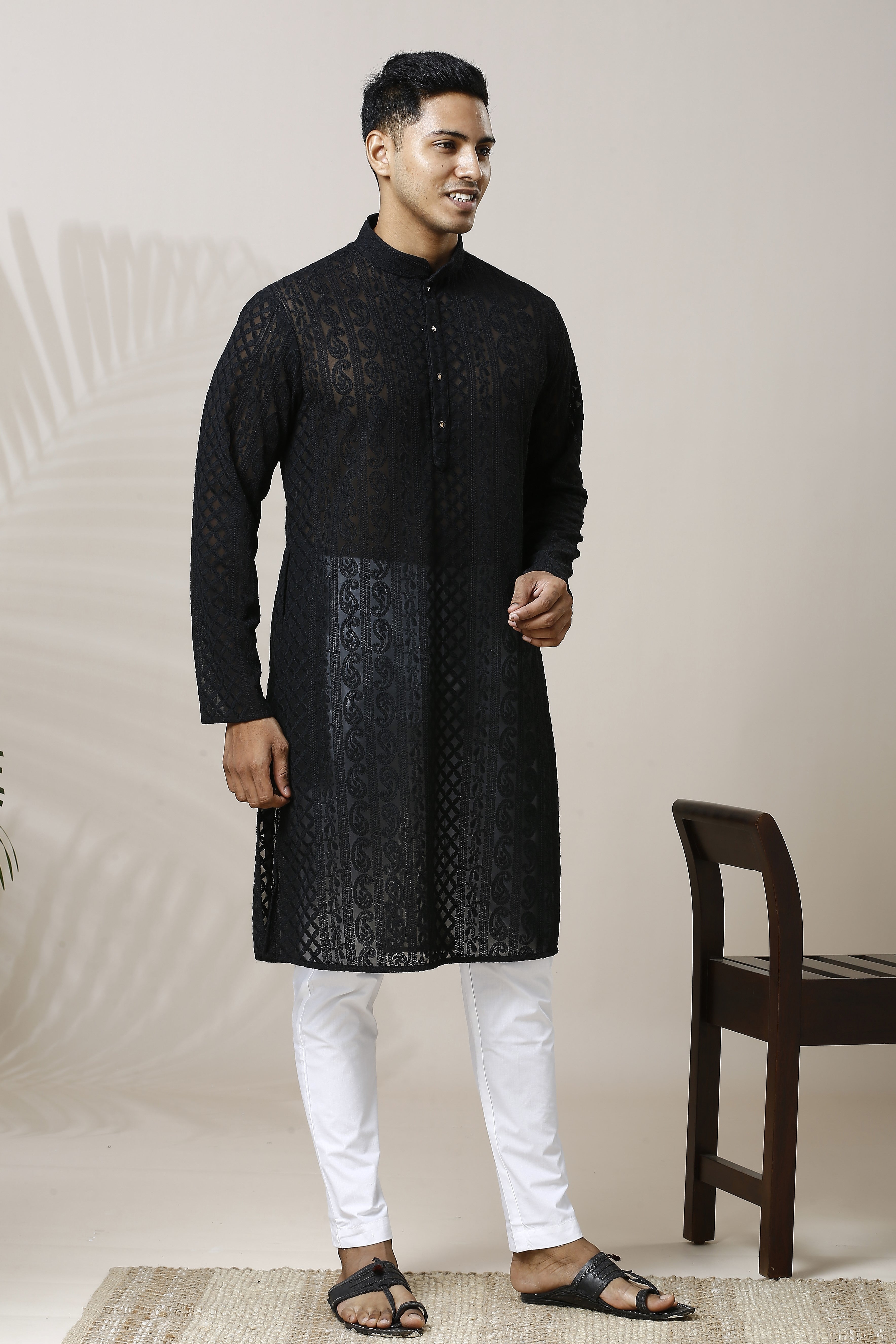 MIDNIGHT BLACK CHIKANKARI KURTA PYJAMA SET IN GEORGETTE BASE WITH PAISLEY DESIGN