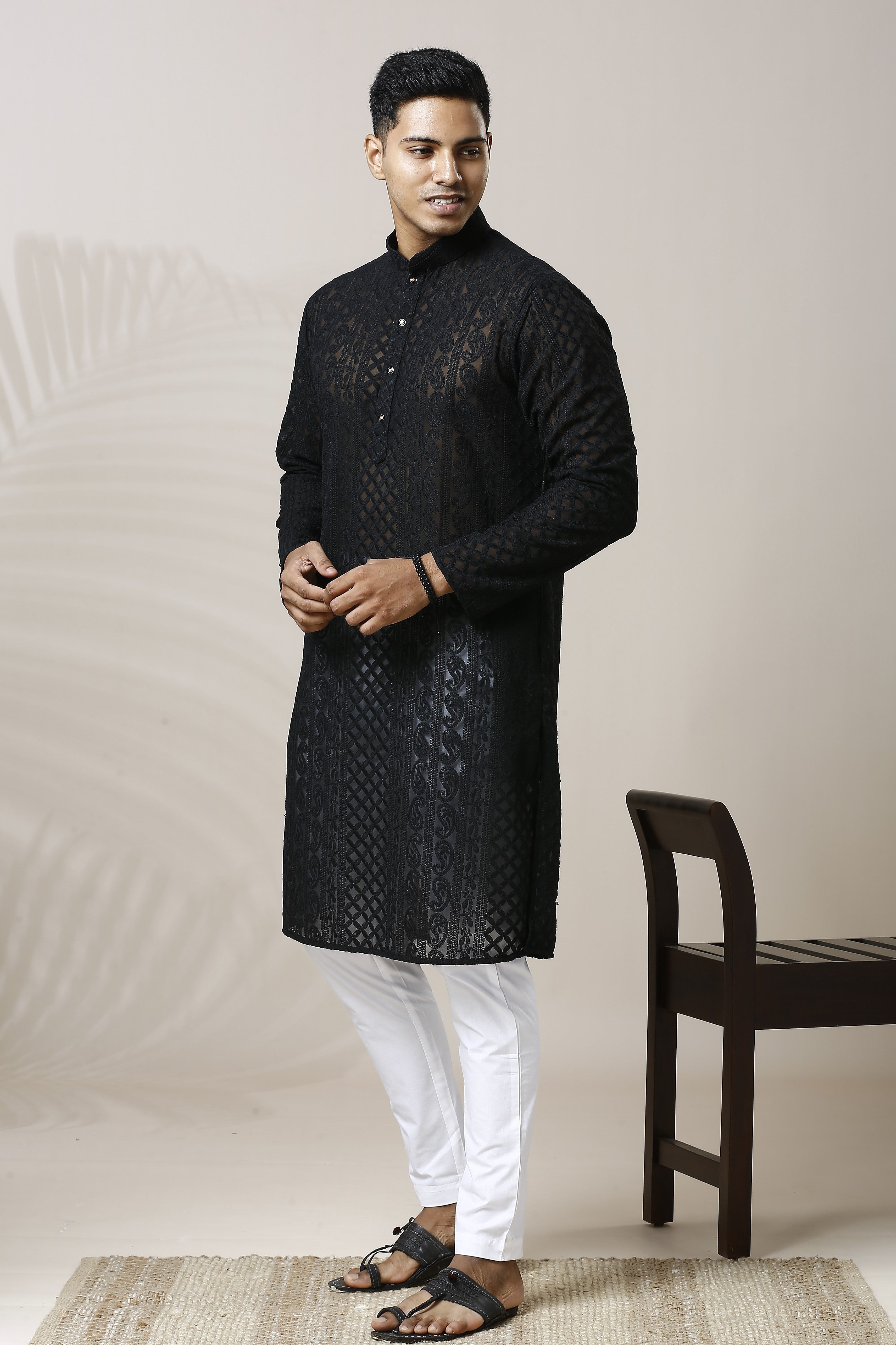 MIDNIGHT BLACK CHIKANKARI KURTA PYJAMA SET IN GEORGETTE BASE WITH PAISLEY DESIGN