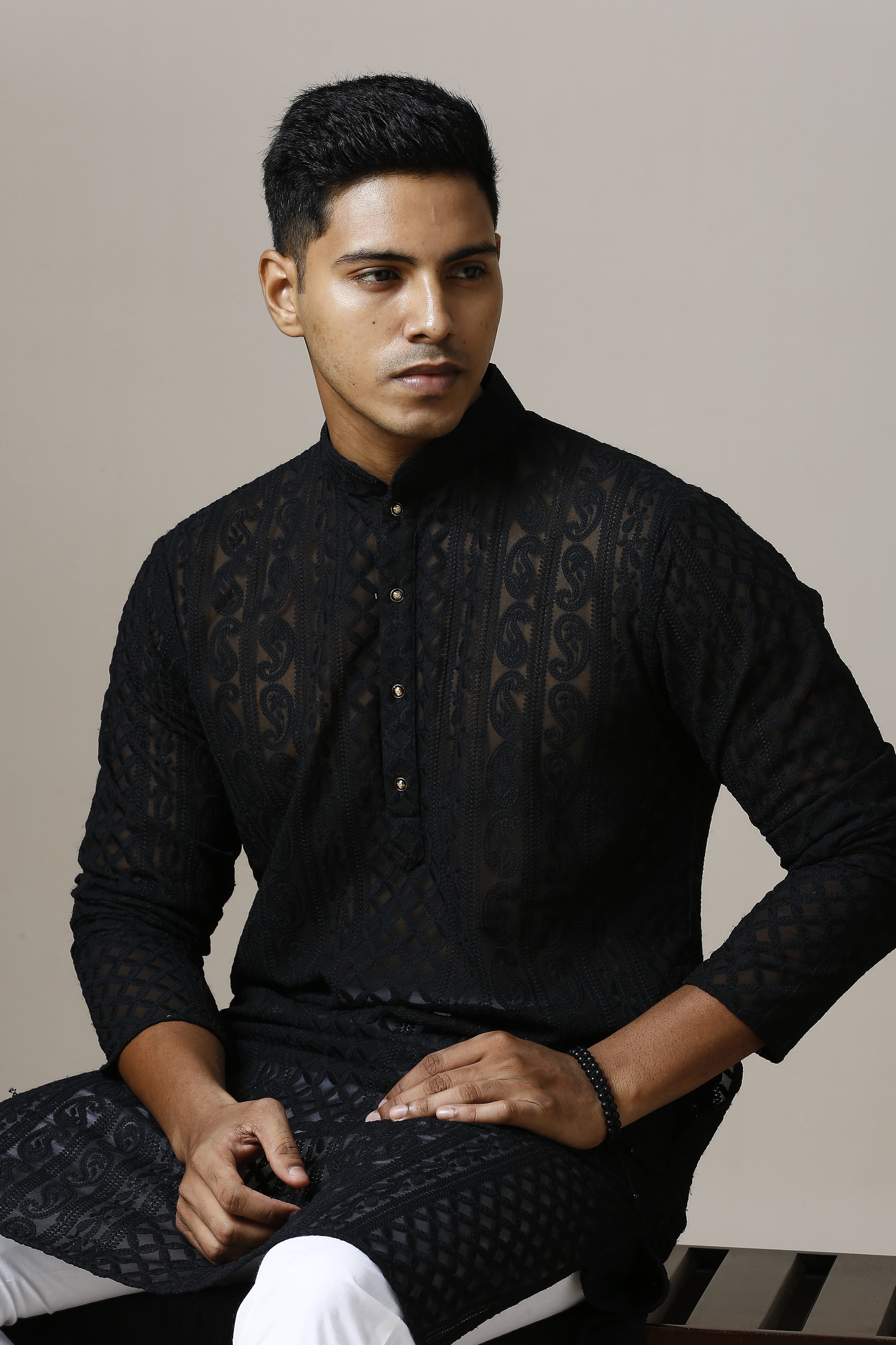 MIDNIGHT BLACK CHIKANKARI KURTA PYJAMA SET IN GEORGETTE BASE WITH PAISLEY DESIGN