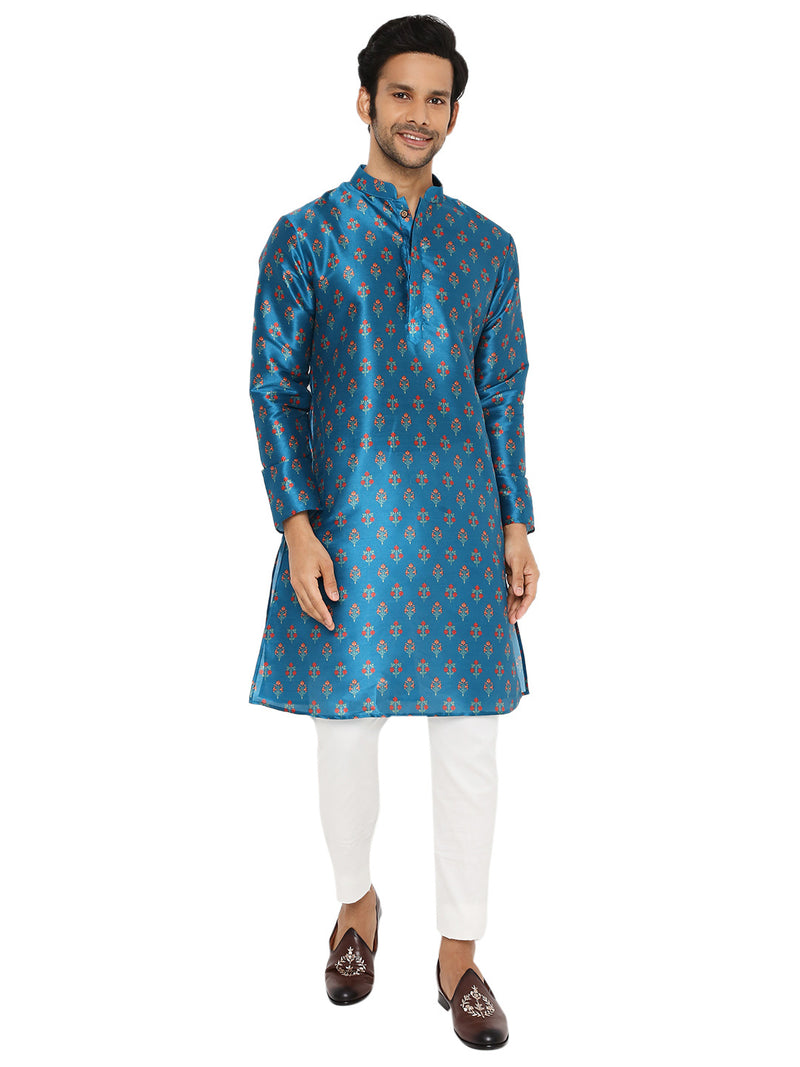 BE DESI TURQUOISE BLUE FLORAL PRINTED SILK REGULAR FIT LONG KURTA PYJAMA SET
