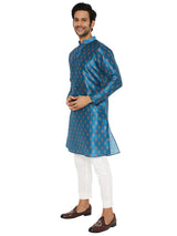 BE DESI TURQUOISE BLUE FLORAL PRINTED SILK REGULAR FIT LONG KURTA PYJAMA SET