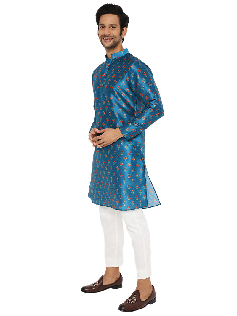 BE DESI TURQUOISE BLUE FLORAL PRINTED SILK REGULAR FIT LONG KURTA PYJAMA SET
