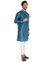 BE DESI TURQUOISE BLUE FLORAL PRINTED SILK REGULAR FIT LONG KURTA PYJAMA SET