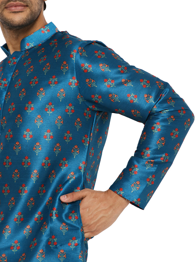BE DESI TURQUOISE BLUE FLORAL PRINTED SILK REGULAR FIT LONG KURTA PYJAMA SET