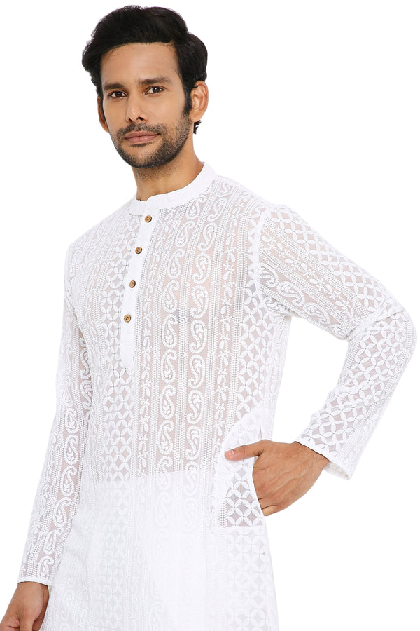 WHITE GEORGETTE PAISLEY DESIGN CHIKANKARI REGULAR FIT KURTA