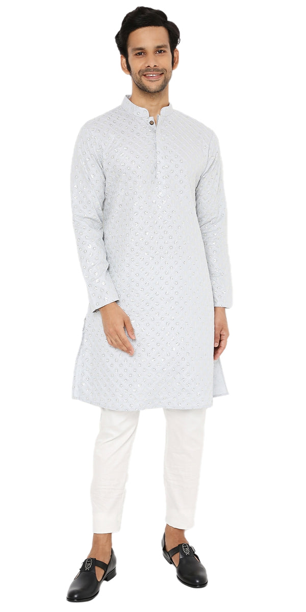 ICE WATER BLUE COTTON KURTA PYJAMA SET WITH ALL OVER SEQUIN DESIGN