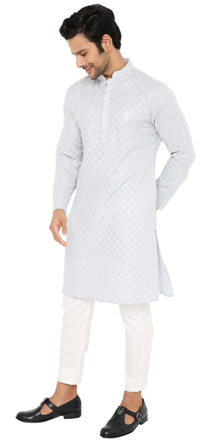 ICE WATER BLUE COTTON KURTA PYJAMA SET WITH ALL OVER SEQUIN DESIGN