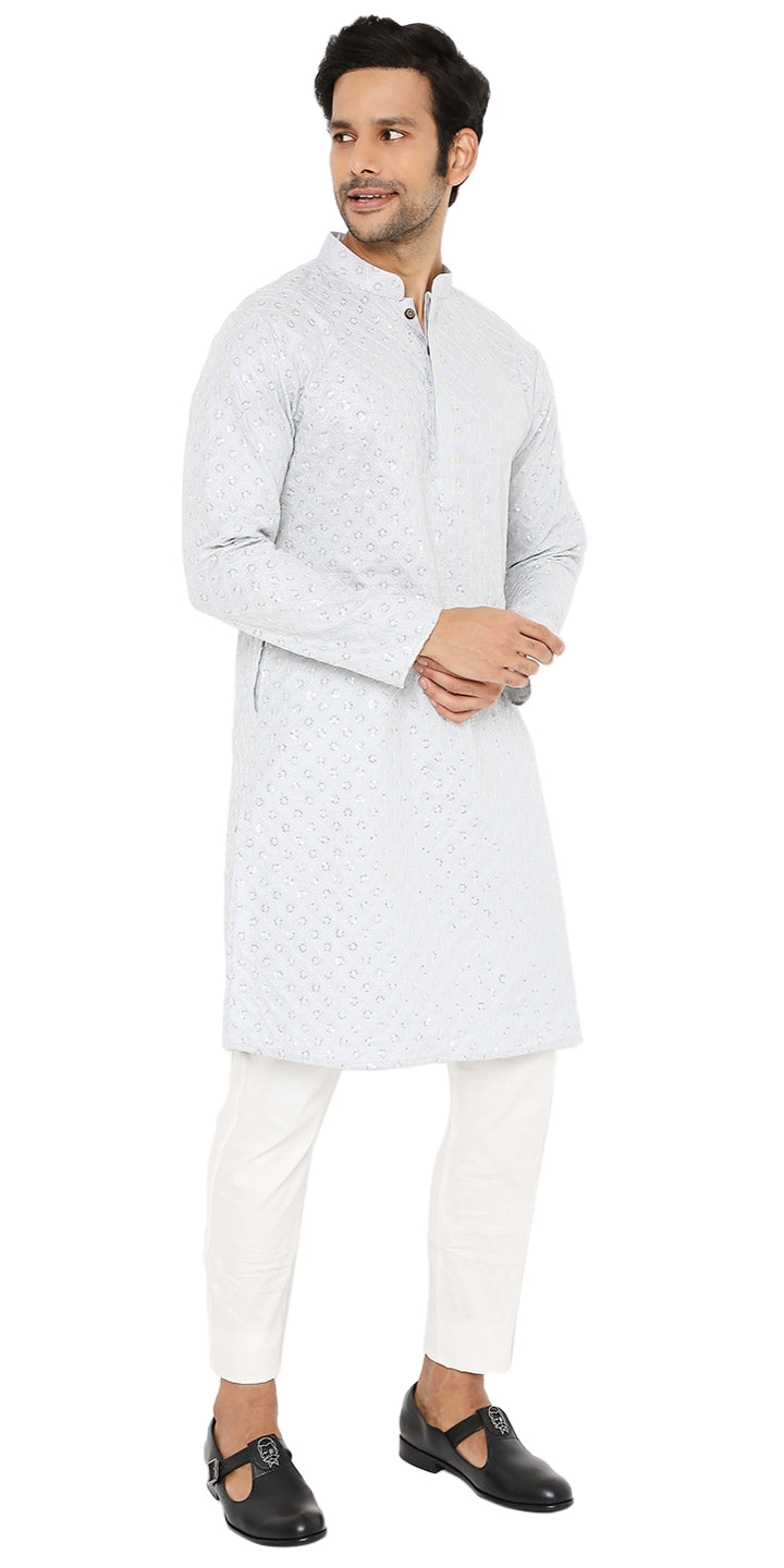 ICE WATER BLUE COTTON KURTA PYJAMA SET WITH ALL OVER SEQUIN DESIGN