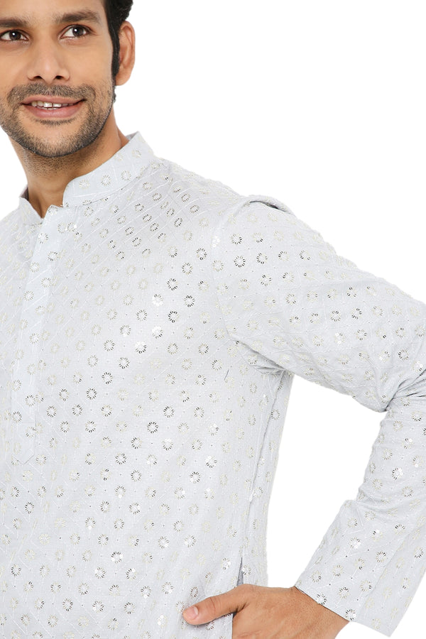 ICE WATER BLUE COTTON KURTA PYJAMA SET WITH ALL OVER SEQUIN DESIGN