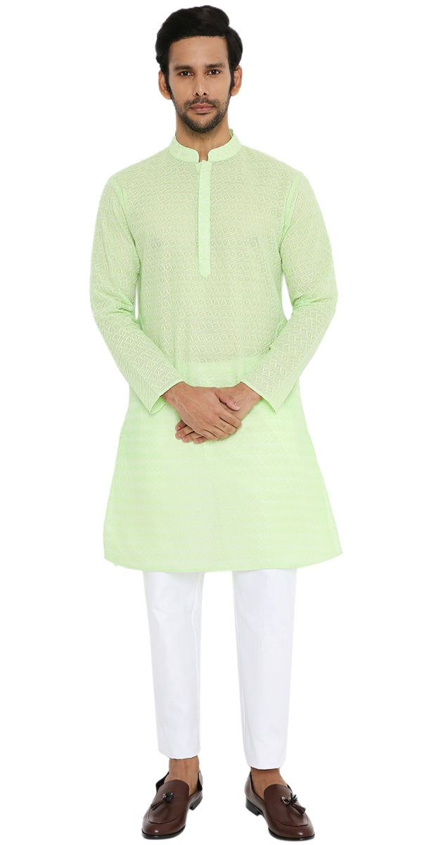 LIGHT NEON GREEN KURTA WITH BOX LEAF EMBRIODERY