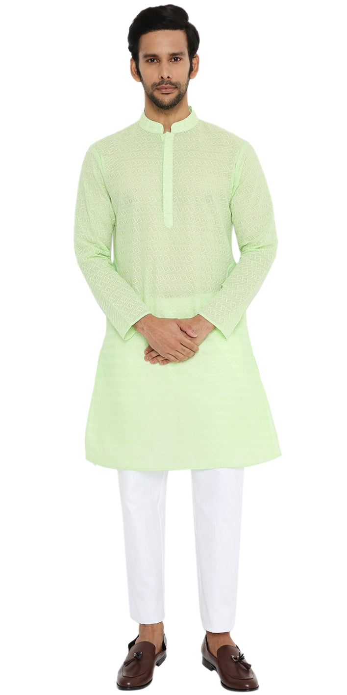 LIGHT NEON GREEN KURTA WITH BOX LEAF EMBRIODERY
