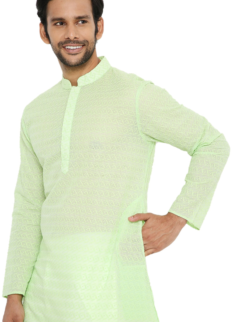 LIGHT NEON GREEN KURTA WITH BOX LEAF EMBRIODERY