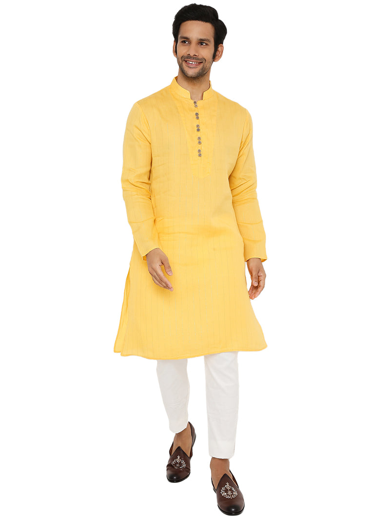 MUSK YELLOW COTTON ZARI KURTA WITH YOKE AND LUPI BUTTONS
