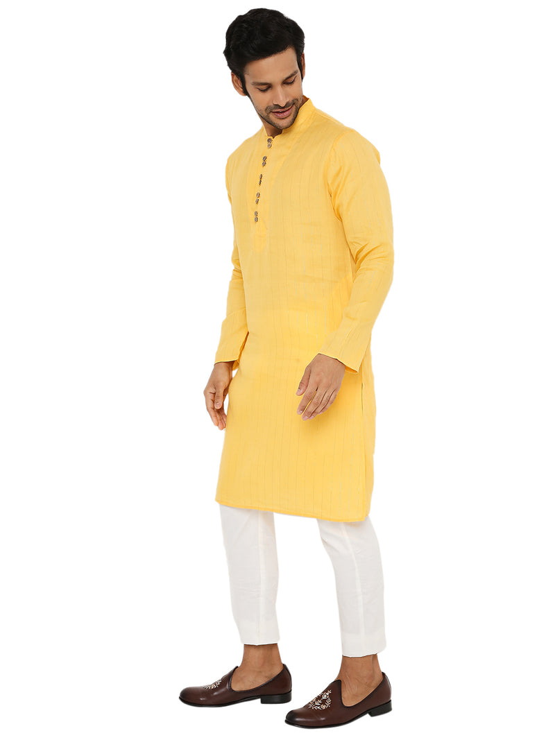 MUSK YELLOW COTTON ZARI KURTA WITH YOKE AND LUPI BUTTONS