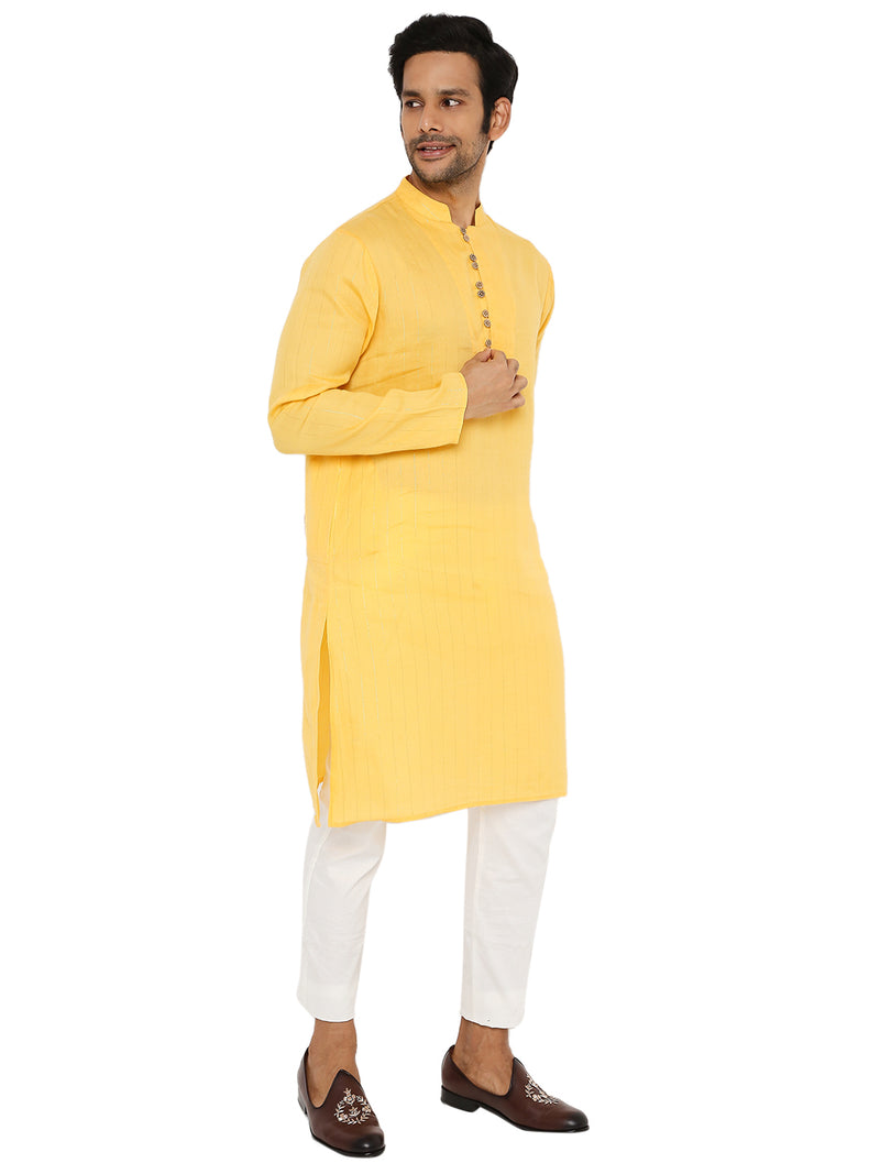 MUSK YELLOW COTTON ZARI KURTA WITH YOKE AND LUPI BUTTONS