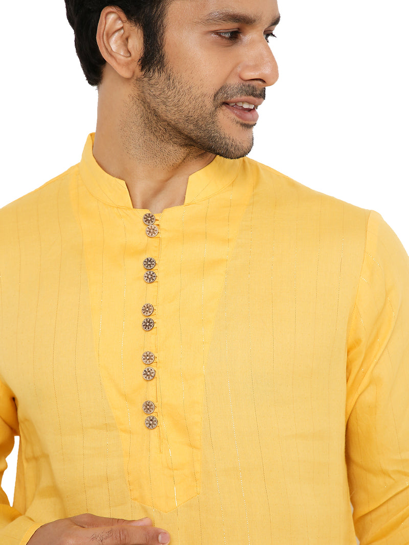 MUSK YELLOW COTTON ZARI KURTA WITH YOKE AND LUPI BUTTONS