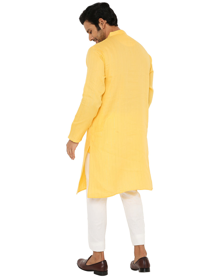 MUSK YELLOW COTTON ZARI KURTA WITH YOKE AND LUPI BUTTONS